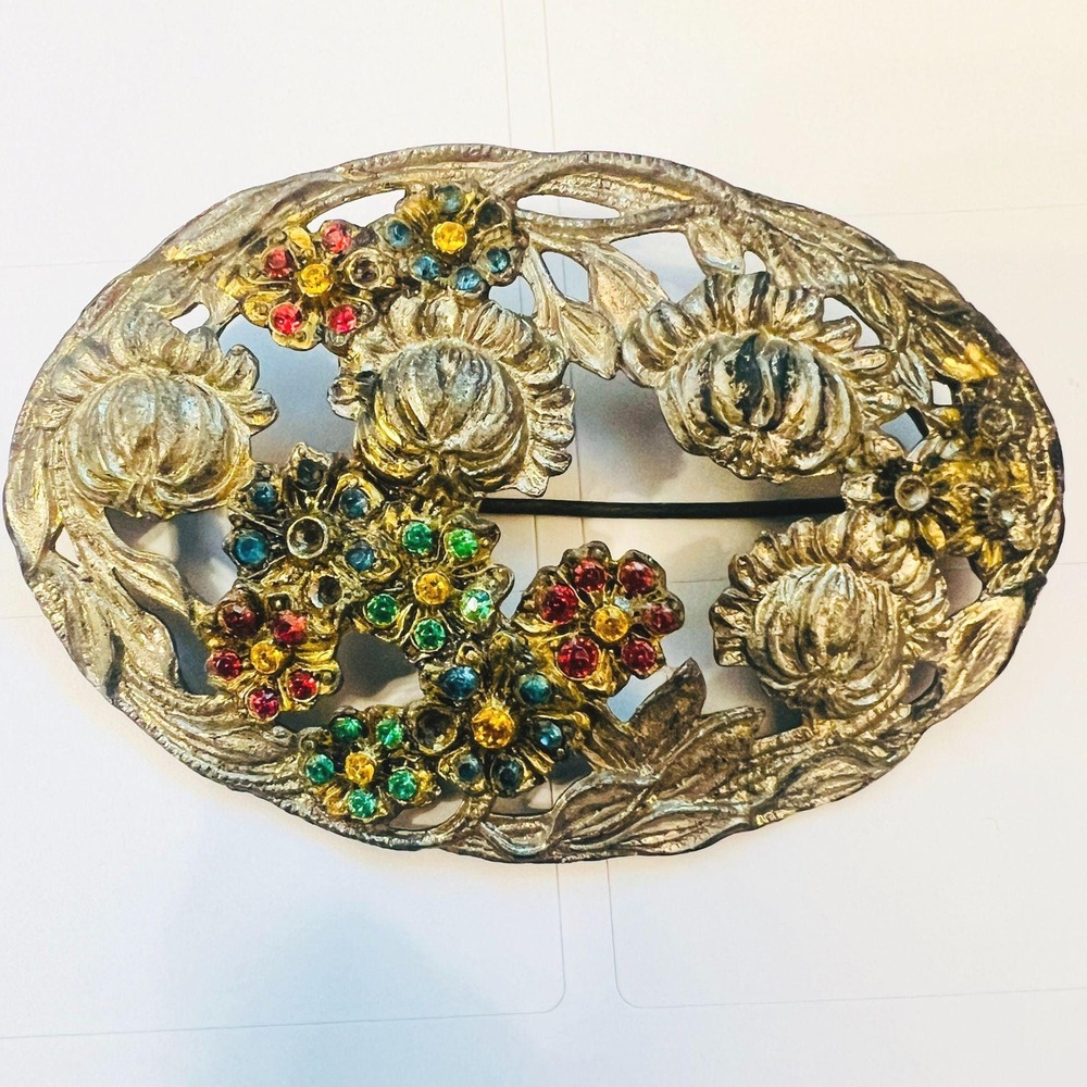 Vintage Pot Metal Rhinestone Sash Pin Brooch Thistle FloralREAD Art Deco